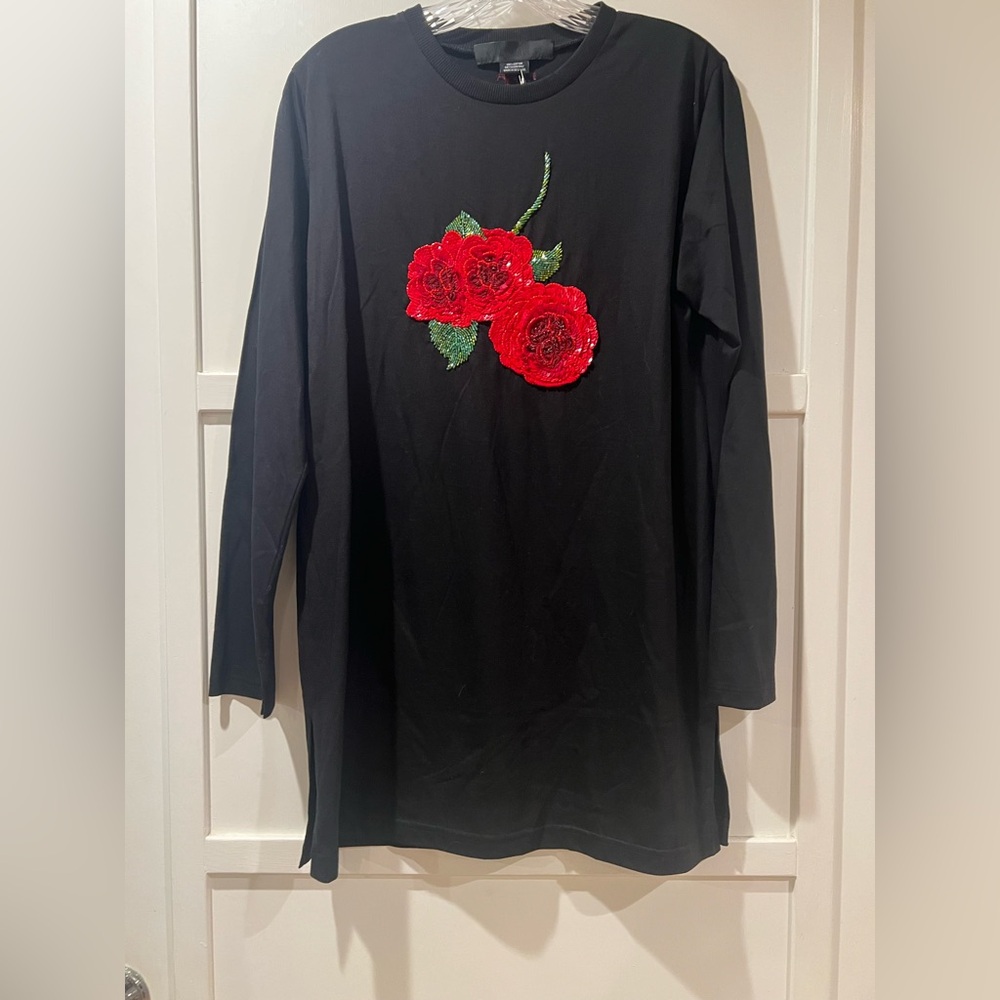 NWT Zang Toi Black Long Sleeve Top with Red Rose  Beaded Embroidery